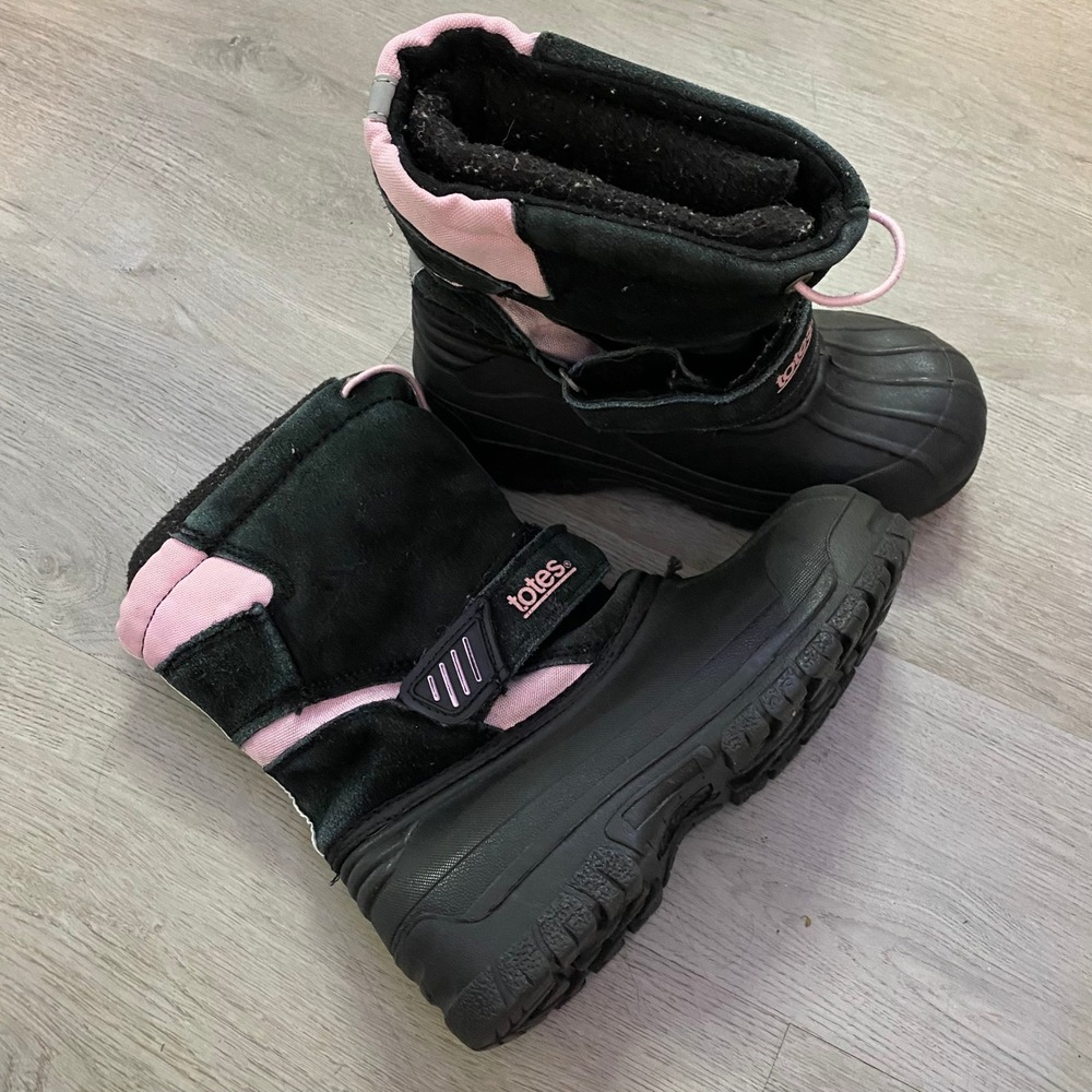 Totes Snow Boots Kids Size 2 Black Pink Insulated Waterproof Duck Boots - Picture 2 of 7